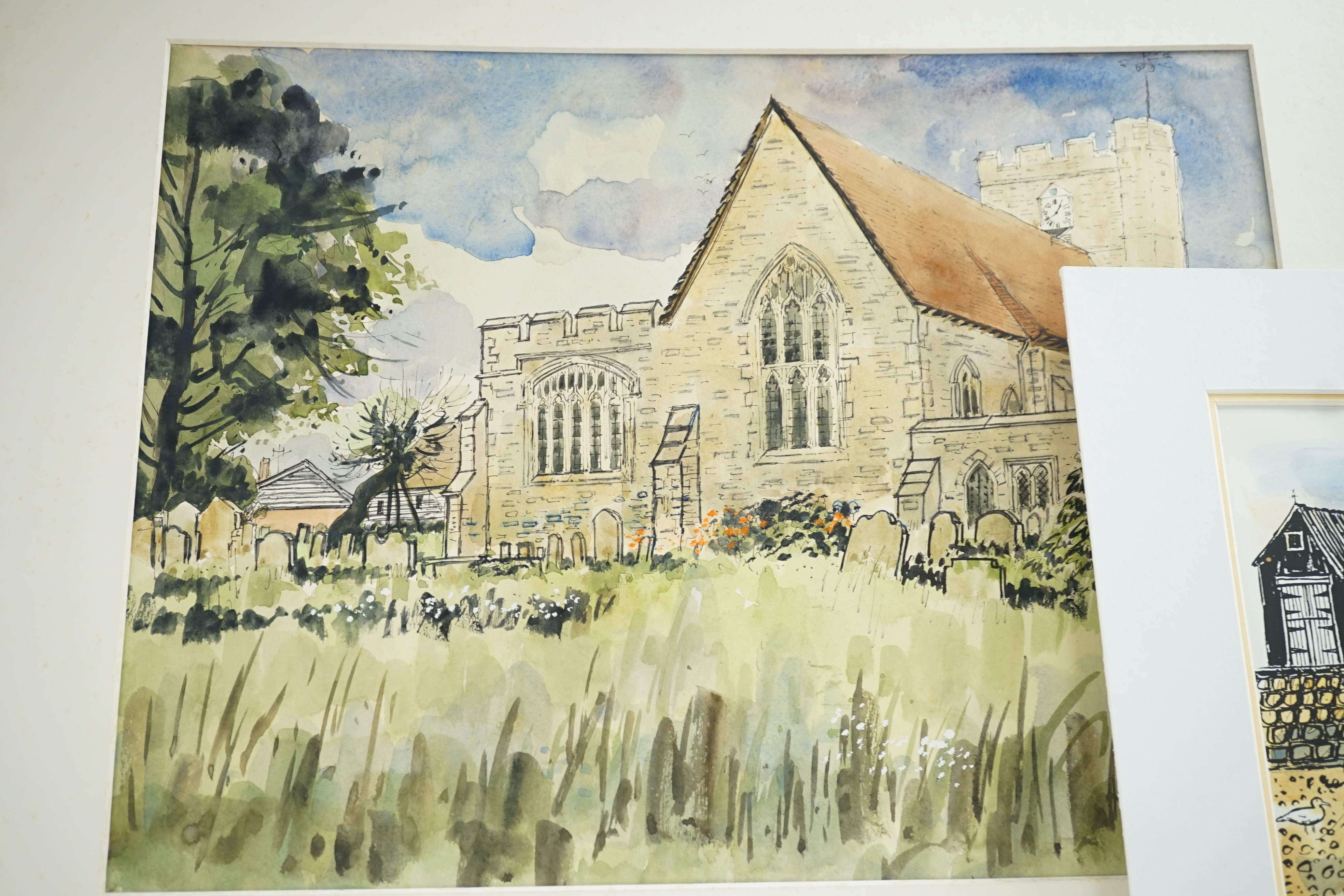 Robert Tavener (1920-2004), two watercolours and a print, 'View of a church', 'Coastal scene' and 'Fishing boat on the beach', two signed, largest 30 x 40cm, unframed